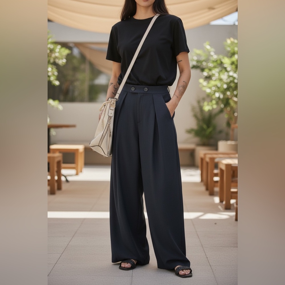 1026. Dual button pleated high rise wide leg trouser in dirty blue